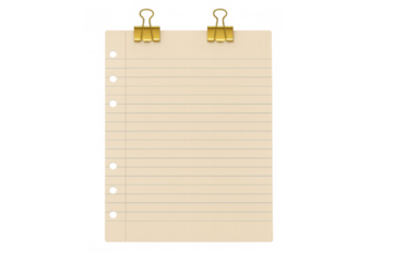 Lined notebook paper blank note sheet held by golden binder clips, office stationery on transparent background