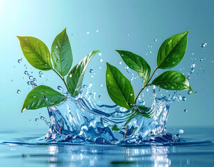 Fresh Green Leaves Splashing in Clear Blue Water Representing Nature, Purity, and Eco Concept
