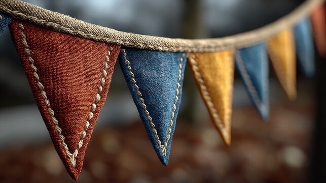 Textured fabric pennant flags in warm colors with prominent stitching hang festively outdoors - Powered by Adobe
