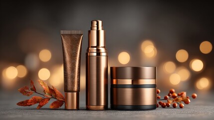 Three bronze cosmetic products with autumn leaves and berries, warm bokeh background