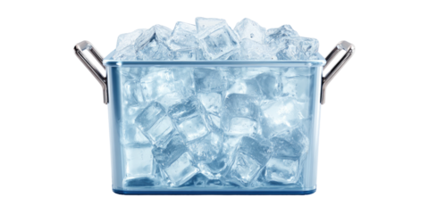 Ice-filled bucket with metal handles, against black