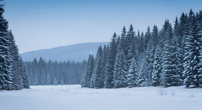 Serene winter wonderland with snow-covered evergreen trees creating a peaceful, frosted forest landscape perfect for holiday promotions and winter scenes