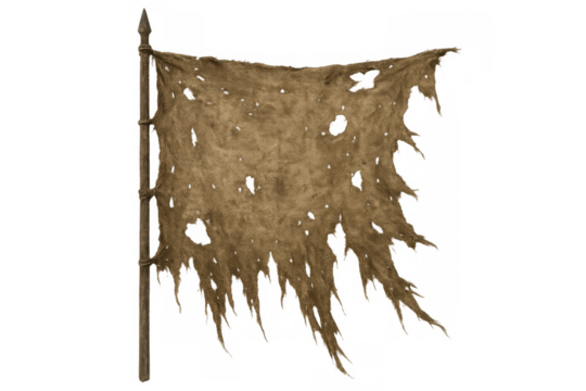 Tattered brown flag hanging on a wooden pole, symbolizing decay, an old battle, poverty, or a post-apocalyptic world, transparent background