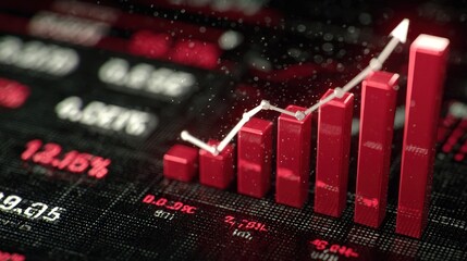 Upward red bar chart and white line graph on a dark digital financial data screen