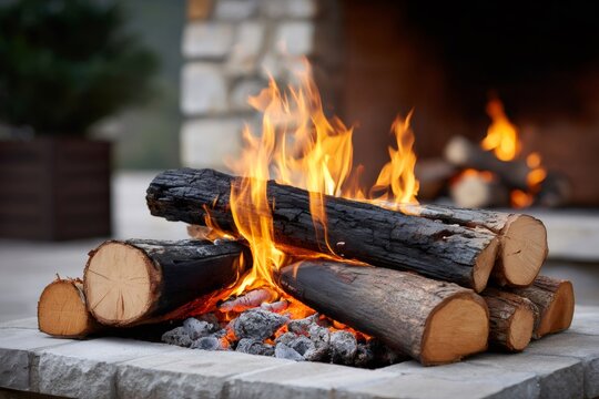 Outdoor fire pit burning wooden logs