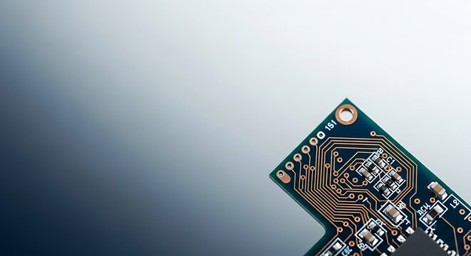 Electronic circuit board fragment with copper traces in corner view