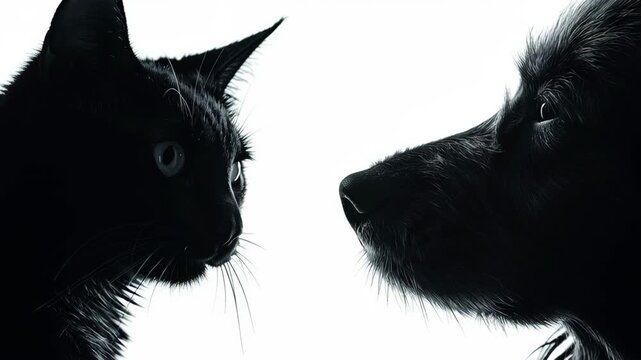 Close-up cat and dog silhouette edges sharp defined against high key blank space, refined clean commercial, cat and dog minimalist scene