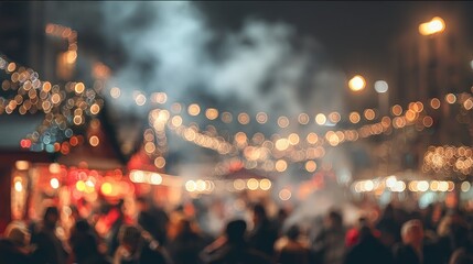 Obraz premium A lively night market scene filled with blurred lights, smoke, and a crowd enjoying the festive atmosphere.