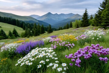 Fototapeta premium Wildflower meadow blooming in alpine mountain landscape