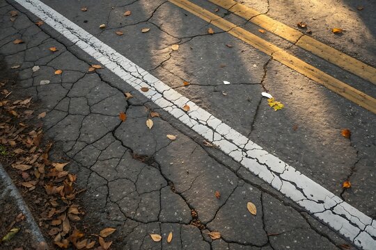 Cracked asphalt road with lane markings and scattered autumn leaves - Powered by Adobe