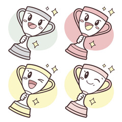 Four cute cartoon trophies with happy faces and stars