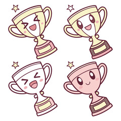 Four cute cartoon trophy icons with happy faces award