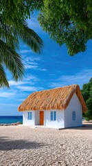 Fototapeta premium Small White Tropical Bungalow with Thatched Roof on Pebble Beach Next to Turquoise Ocean Under Bright Blue Sky with Lush Green Trees