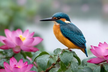 Fototapeta premium Kingfisher perched on branch among pink lotus flowers