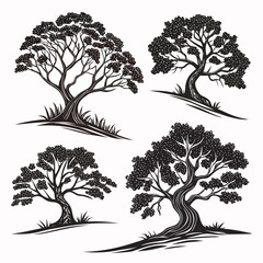 Four stylized black trees with dense foliage and grass