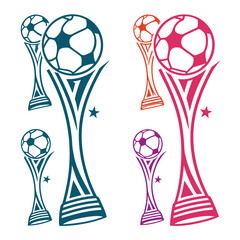 Four stylized soccer trophies in teal orange pink purple