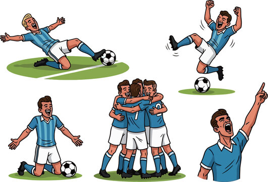 Vector illustrations of male soccer players celebrating goals and victories on a green field, showing various poses of triumph and teamwork.