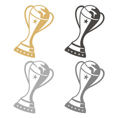 Four trophy icons in gold dark gray and silver award