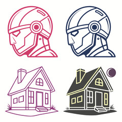Futuristic robot heads and houses vector icons