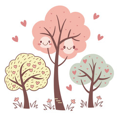 Three cute cartoon trees with faces and hearts vector