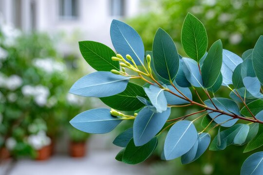 Eucalyptus branch with green and blue leaves blooming