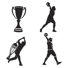Four black silhouette sports icons trophy and athletes