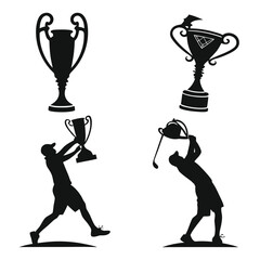 Four black silhouette trophy icons and sports figures