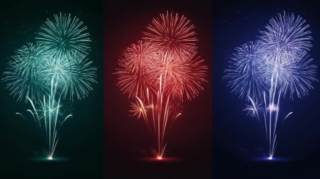 Vibrant Fireworks Display in Three Colors Green Red Blue.