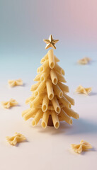 Pasta Christmas tree decorated with a star on colorful background  