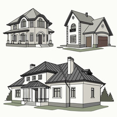 Three detached houses with gray roofs and white walls