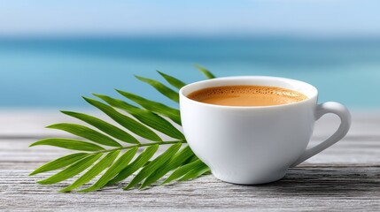 White ceramic cup filled with frothy coffee rests on a rustic wooden table with a vibrant green palm frond against a blurred tropical ocean backdrop and clear blue sky