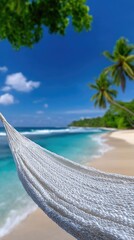 White Woven Hammock Bathed in Sunlight on a Tropical Beach With Palm Trees and Turquoise Ocean Waves Under a Clear Blue Sky