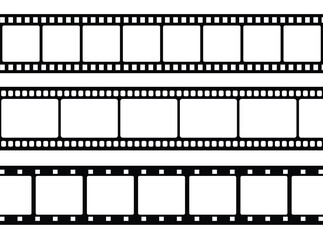 Classic film reel strips vector with blank frames, multiple 35mm strip layouts, black outline design, empty exposure areas, scalable EPS for cinema graphics, movie posters, and vintage media illustrat