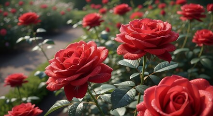 Red Rose Flowers Blooming in Garden with Dew Drops on Petals