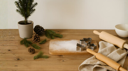 Minimal Rustic Baking Scene with Cookie Cutters and Pine Cones