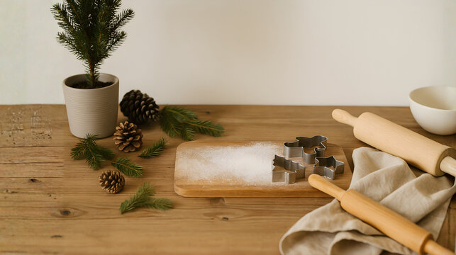 Minimal Rustic Baking Scene with Cookie Cutters and Pine Cones