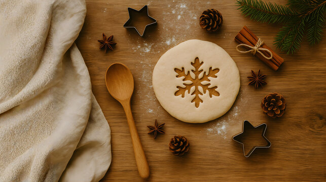 Christmas Cookie Dough with Snowflake Cutout on Rustic Wooden Table