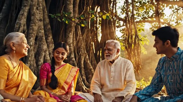 Intergenerational Gathering Sharing Knowledge Under Tree Canopy with Golden-Hour Glow and Cinematic Depth