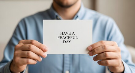A person holding a white card with the message 'HAVE A PEACEFUL DAY' written on it, conveying a positive and calming message to the viewer