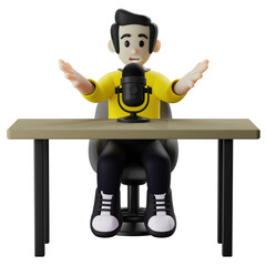 3D Male Content Creator Character Speaking at Desk
