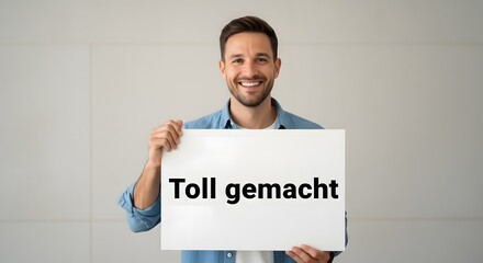 A smiling man holding a sign with the German phrase 'Toll gemacht' in a bright, minimalistic setting, conveying praise and encouragement