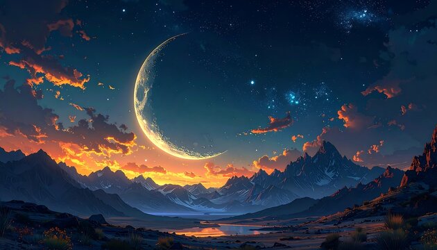 A breathtaking landscape painting showcasing a serene crescent moon and starry night over majestic snow-capped mountains and reflective water - Powered by Adobe