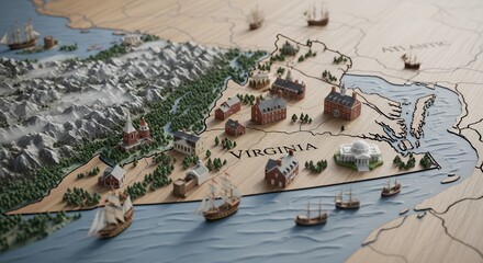 Detailed Topographic Map of Virginia Featuring Mountains Forest Towns and Ships in the Water