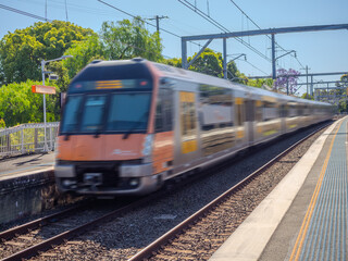 Passenger Train going through Summer Hill train station a suburban Sydney train Station NSW Australia
