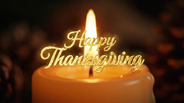 Warm glowing candle with sparkling Happy Thanksgiving text for the holiday