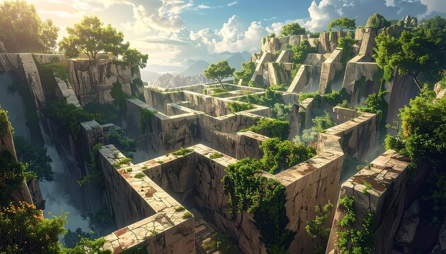 A breathtaking landscape painting showcasing a stone labyrinth, lush greenery, and a dramatic canyon vista under a vibrant sky