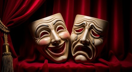 Comedy and Sadness Theater Masks on Red Velvet Curtain for Drama Performance
