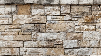 Fototapeta premium A textured stone wall with various shades of beige and gray stones arranged in a staggered pattern, showcasing a rustic and natural appearance.