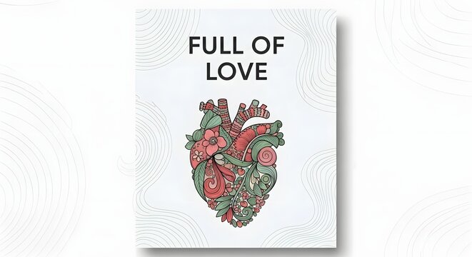 A beautifully illustrated greeting card featuring a detailed, colorful anatomical heart with floral and abstract elements, accompanied by the phrase 'FULL OF LOVE' at the top