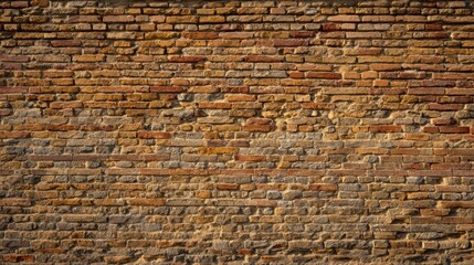 A textured wall made of unevenly placed bricks in warm tones, showcasing a rustic, weathered appearance.